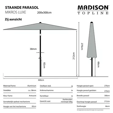 Parasol Mikros Luxe Rechthoek 200x300cm - Saffier Blauw - afbeelding 3