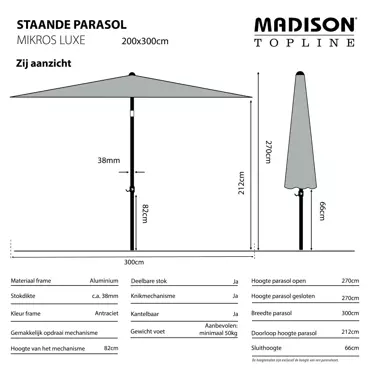 Parasol Mikros Luxe Rechthoek 200x300cm - Sage Groen - afbeelding 3