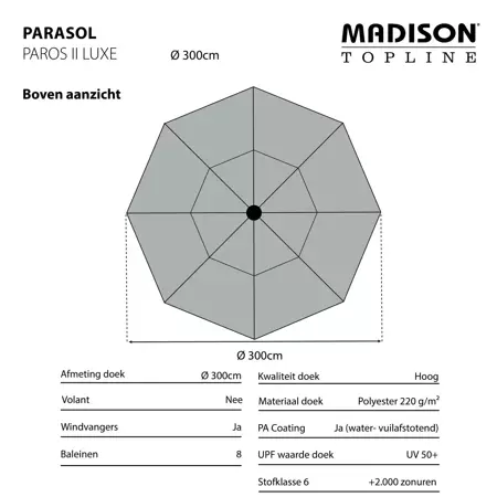 Parasol Paros II Rond Ø3m met kniksysteem - Licht Grijs - afbeelding 4