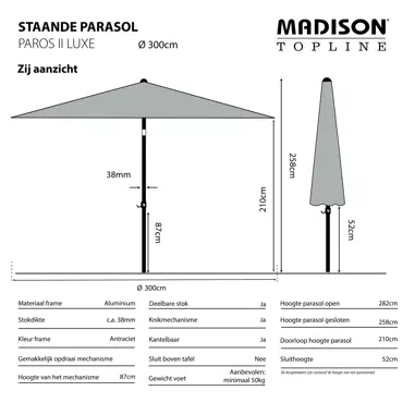 Parasol Paros II Rond Ø3m met kniksysteem - Licht Grijs - afbeelding 5