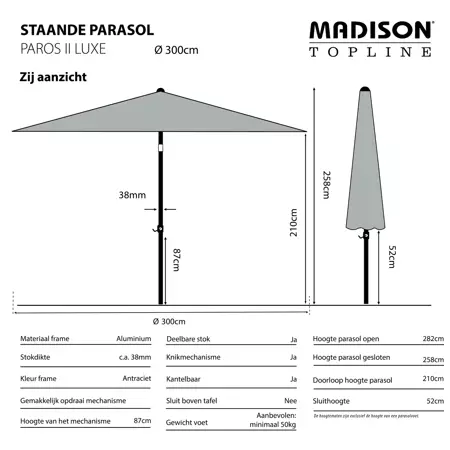 Parasol Paros II Rond Ø3m met kniksysteem - Saffier Blauw - afbeelding 6