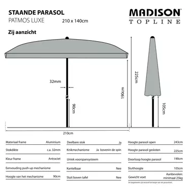 Parasol Patmos De Luxe Rechthoek 210x140cm - Grijs - afbeelding 4
