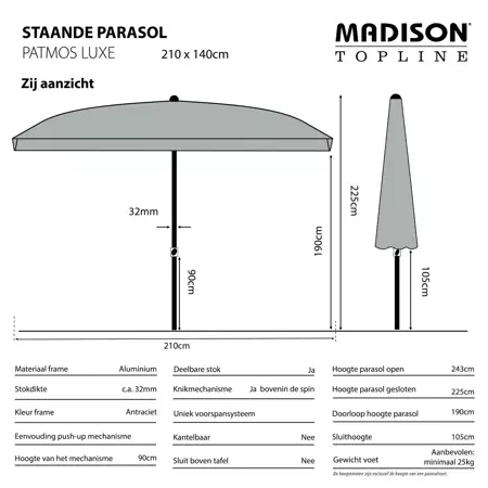 Parasol Patmos De Luxe Rechthoek 210x140cm - Licht Grijs - afbeelding 4