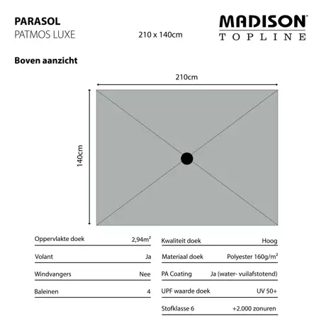 Parasol Patmos De Luxe Rechthoek 210x140cm - Taupe - afbeelding 5
