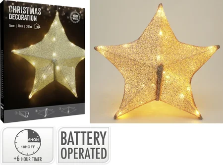 Verlichte ster | 30 LED | 50 centimeter | stof goud - afbeelding 1