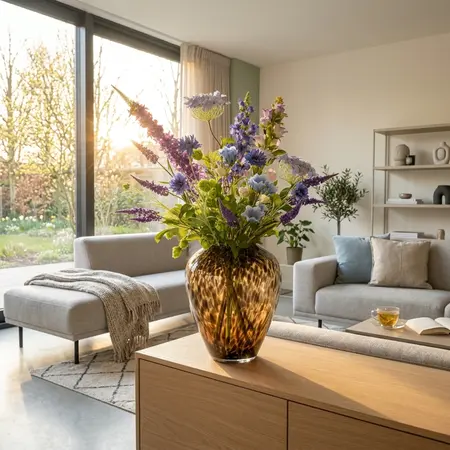 Zijden Kunstboeket Blauw Paars in woonkamer