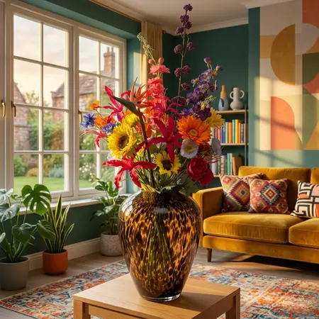 Zijden Kunstboeket Fel Bont Gekleurd in woonkamer