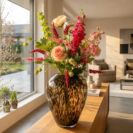 Zijden Kunstboeket Roze in woonkamer