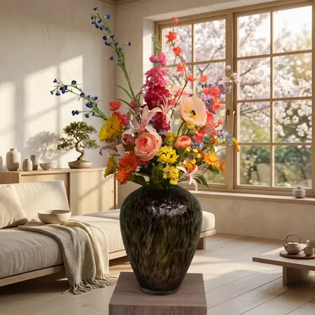 Zijden Veldboeket Bont Gekleurd in woonkamer